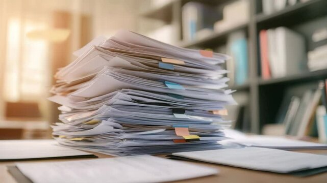 Stack of paper document office paperwork folder file desk paper clip workspace organization with colorful sticky notes wooden table office room bookshelf background busy work environment concept