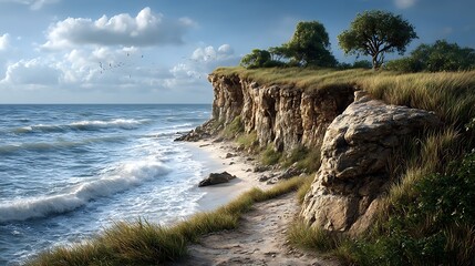 A dramatic coastal bluff with crashing waves and seabirds flying overhead. 