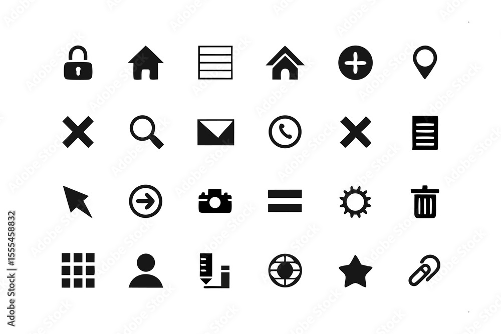 Poster essential icons: a collection of minimalistic icons representing various functions and concepts. the