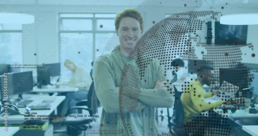 Poster data points materializing globe and spreading across man in cardigan making him laugh in business