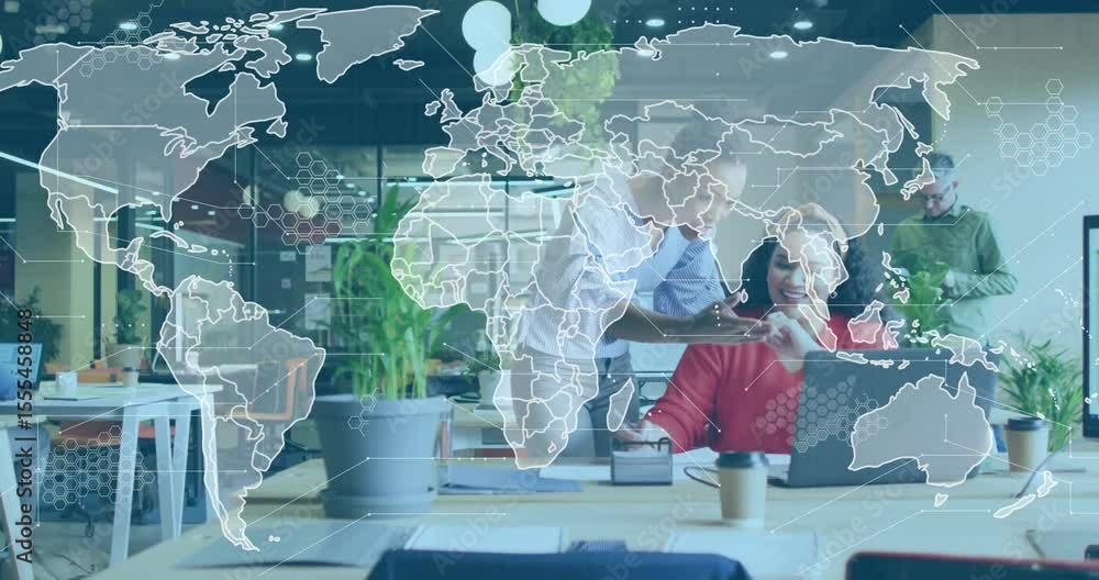 Aufkleber collaborators pointing at laptop screen starting animated world map overlay boosting business data