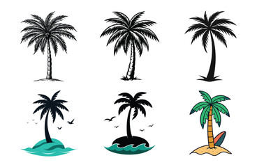 Collection of diverse palm tree illustrations in black silhouette and vibrant colors isolated on white background