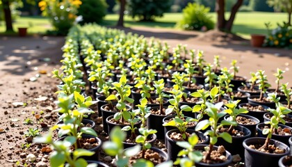the image shows a collection of potted plants, likely saplings or seedlings given their small size, these pots are arranged in neat rows on the ground