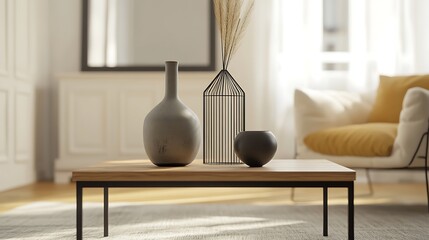 Interior decor featuring vases, pampas grass, and a wooden coffee table in a modern living room