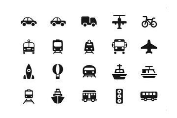 Transportation Icons Collection: A comprehensive collection of minimalist icons representing various modes of transportation, from cars and buses to airplanes and ships.