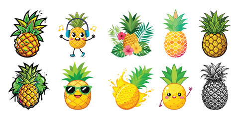 Collection of vibrant cartoon pineapples isolated on white background showcasing various styles and expressions for tropical themes