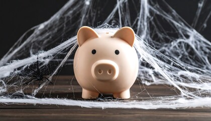 Piggy bank trapped in spooky spider web with money saving, Halloween concept, and black background.