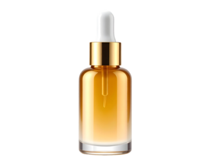 Golden serum bottle against black backdrop
