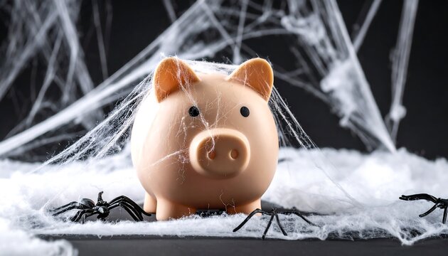Piggy Bank in Spooky Web Halloween Money with Savings, Budgeting, and Scary Finances.