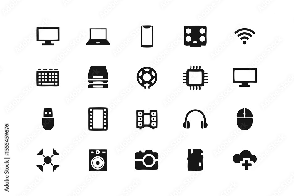 Poster tech icons collection: a curated set of sleek, monochrome icons representing the core elements of mo