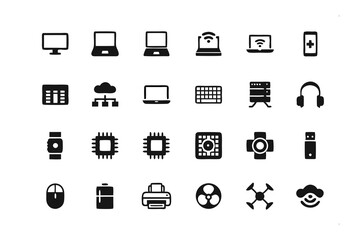 Tech Icons: A collection of sleek black technology icons in a clean, minimalist arrangement, representing essential digital tools and devices for the modern world.