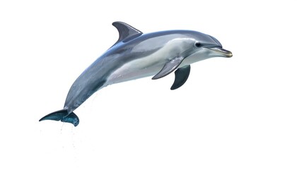 Obraz premium Playful Dolphin Leaping High Against White Background with Marine Life, and Sea Creature.