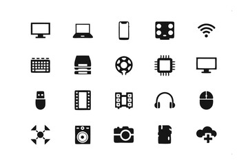 Tech Icons Collection: A curated set of sleek, monochrome icons representing the core elements of modern technology and connectivity. Clean and simple.
