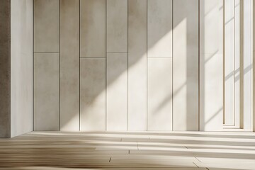 Obraz premium Minimalist interior with sunlight casting shadows across panelled wall and wooden floor