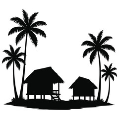 Silhouette of Tropical Island Paradise featuring Palm Trees and Beach Huts against a Clear Sky Background Depicting Relaxation