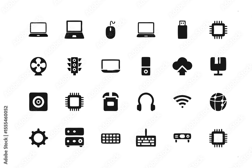Poster digital world icon array: a curated array of technological icons, illustrating essential digital com