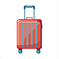 Red and blue striped suitcase with wheels and handle isolated on white background for travel and vacation themes