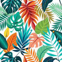 Seamless tropical leaves pattern with vibrant colors for textile and wallpaper design isolated on white background © Pixel Art