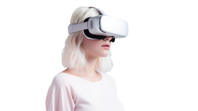 A woman with short blonde hair wearing a white virtual reality headset against a black background studio shot - Powered by Adobe