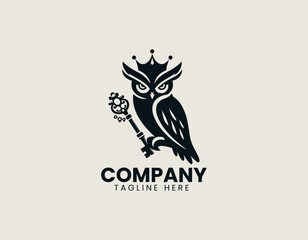 Wise Owl With Crown Holding Key Ancient Knowledge Royal Wisdom Vector Logo Design