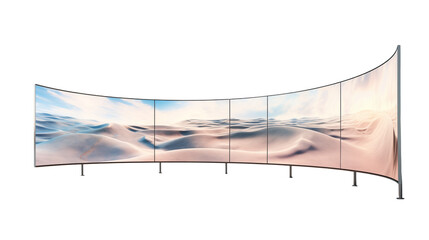 Panoramic display showing a desert landscape with blue sky and sand dunes in a curved screen setup