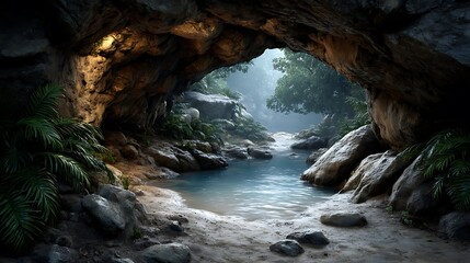 A dark cave interior with glowing mineral formations and a shallow underground pool. 