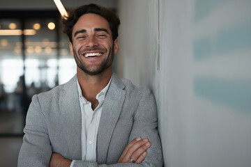 Smiling confident businessman with blurred office background — generative AI