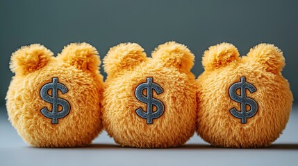 Three Faux Fur Teddy Bears with Dollar Sign Emblems for Festive Gifts, Bank Promotions, Wealth-Themed Decor, and Retail Window Display Designs.