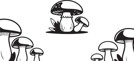 Black and white illustration featuring mushrooms in a stylized, graphic design