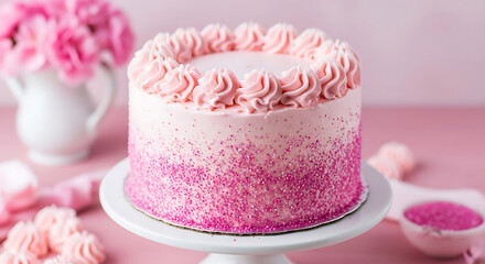 Naklejka premium Beautiful pink frosted cake with sprinkles and floral decorations on a stand