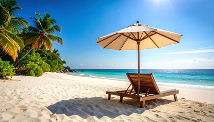 Fototapeta premium Relaxing Beach Scene Lounge Chair Umbrella on White Sand Under Bright Sun.