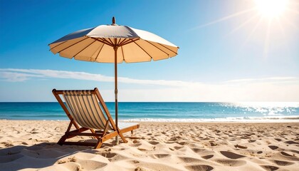 Relaxing Beach Scene Sunbed with Umbrella on Sandy Beach, and Ocean  Sunny Sky.