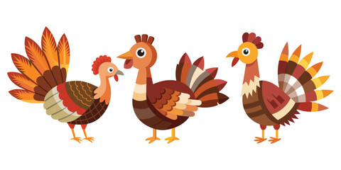 Three cartoon thanksgiving turkeys stand proudly with colorful feathers isolated on white background
