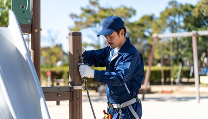 公園遊具の点検作業
