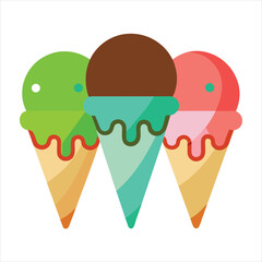 Three colorful ice cream cones isolated on white background