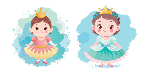 Two cute cartoon princess girls wearing crowns and dresses isolated on a white background