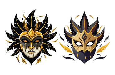Two elegant venetian masquerade masks with feathers and gold accents isolated on white background