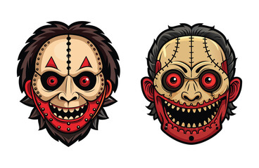 Two terrifying mask faces with stitches and button eyes isolated on white background