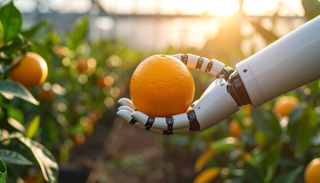 Robot Hand Harvesting Orange Fruit in Orchard with Agriculture Technology, and Sunrise. - Powered by Adobe