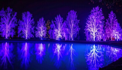 Nighttime lake scene with dramatic blue spotlight illuminating tree shadows in the rippling water near the shore