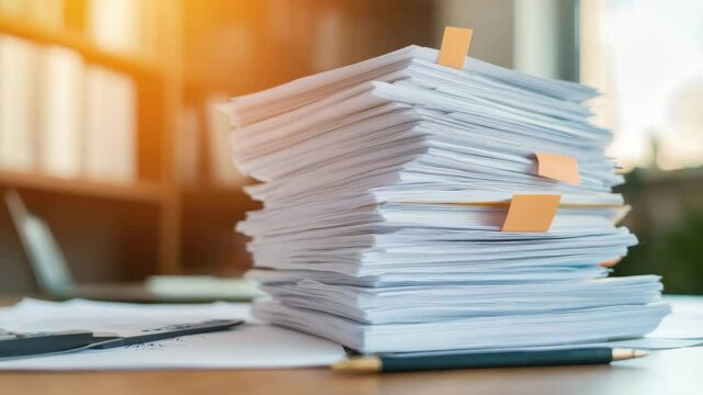 Stack of paper documents with sticky notes on wooden office desk featuring pen, calculator, and paperwork under warm sunlight for business organization and paperwork management workspace