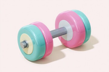 Obraz premium A brightly colored dumbbell with pink and teal weights sits on a neutral background casting a soft shadow