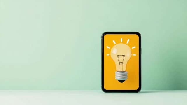 Smartphone with light bulb icon screen symbolizing bright idea innovation technology creativity yellow green digital screen inspiring creative concept background design for innovation and technology