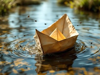 Close-up of a paper boat gently drifting in a small river, evoking childhood memories and simplicity. Perfect for nostalgic, playful, or nature-themed visual concepts