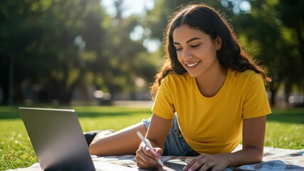 Young woman enjoys digital drawing on a tablet while lying on grass in a park - Powered by Adobe