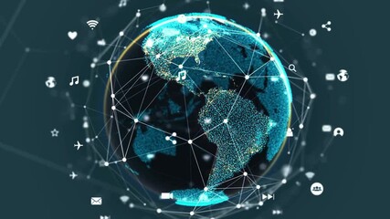 Connected world Digital globe with shining continents and network of icons symbolizing global - Powered by Adobe