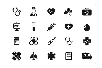 Medical Icons: A collection of essential medical icons, presented with a clean and minimalist design, ideal for healthcare or medical-related projects.