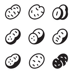 Potato Icon Set for Veggies. Vector Illustration of Various Potato Shapes and Slices
