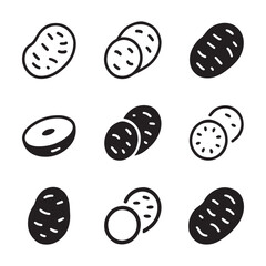 Potato Icon Set for Veggies. Vector Illustration of Various Potato Shapes and Slices
