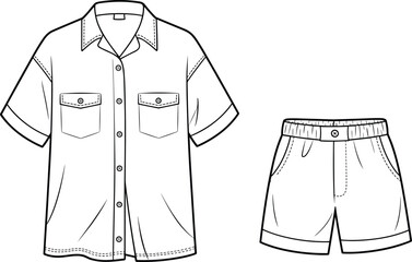 CAD drawing flat vector illustration of button up shirt and shorts set, front view, fashion technical sketch, casual summer outfit